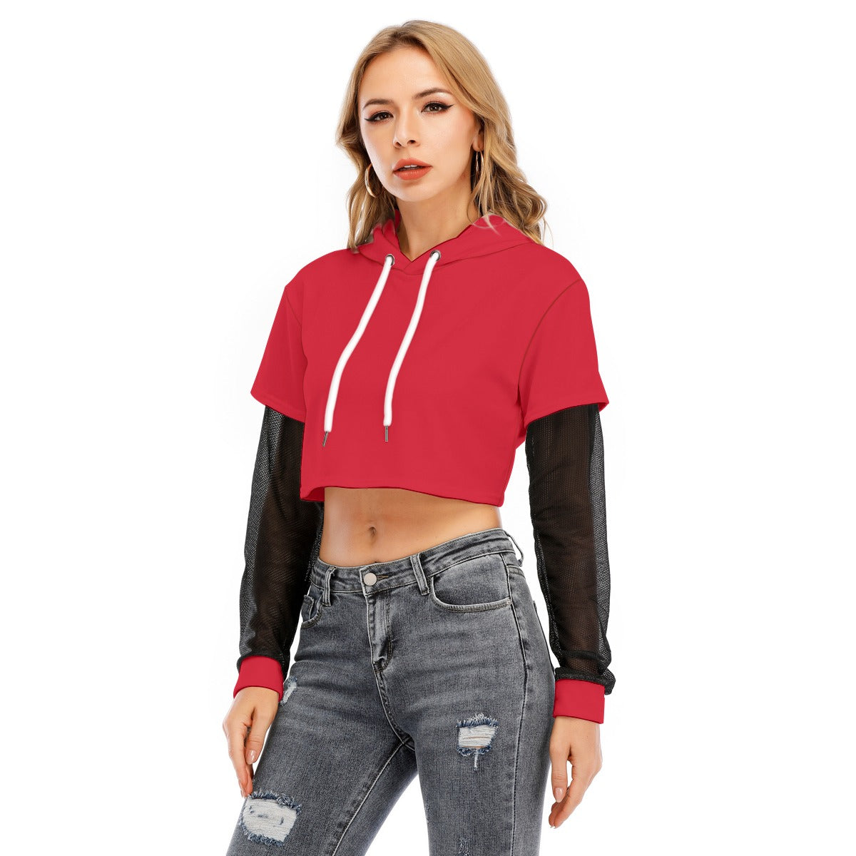 Womens Two-piece Mesh Sleeve Cropped Hoodie