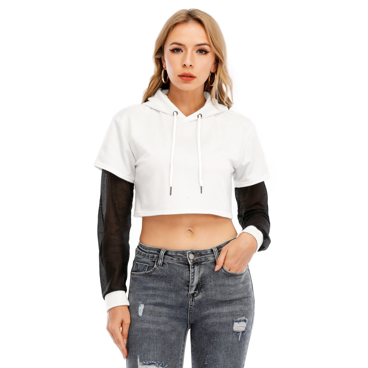 Womens Two-piece Mesh Sleeve Cropped Hoodie