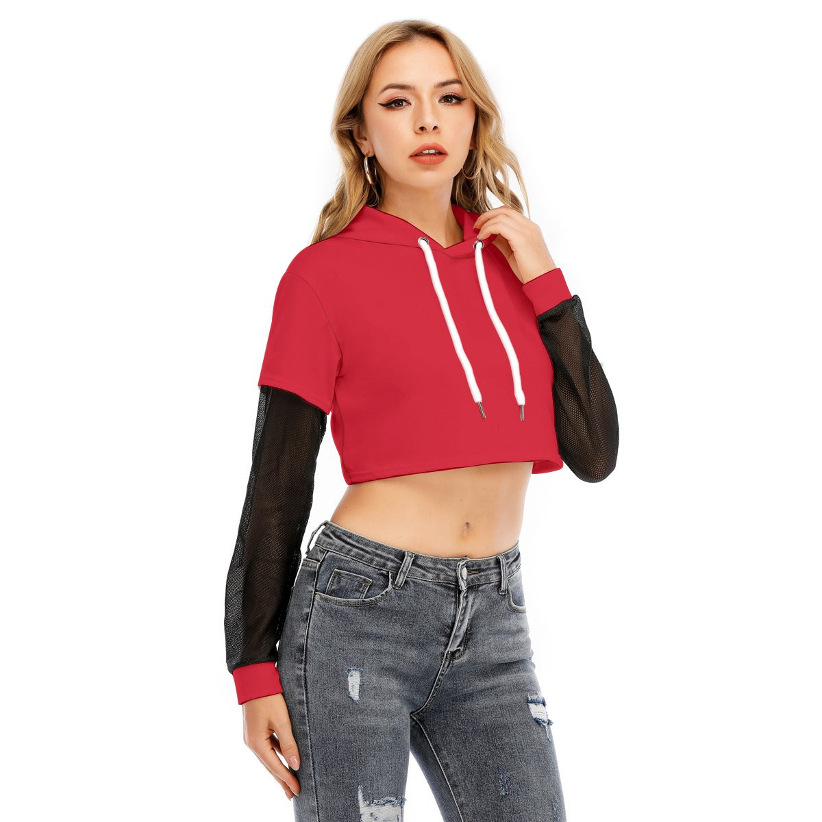 Womens Two-piece Mesh Sleeve Cropped Hoodie