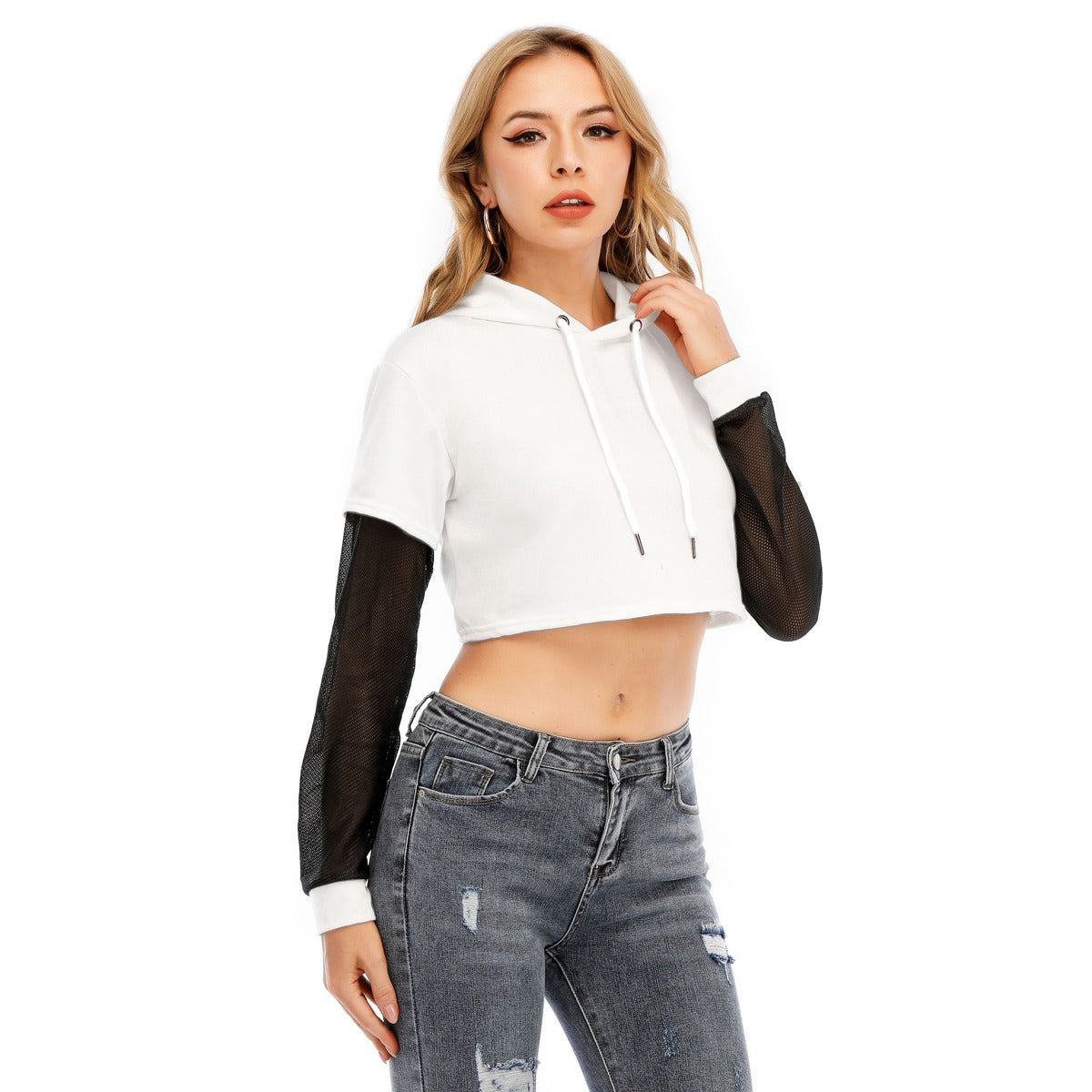 Womens Two-piece Mesh Sleeve Cropped Hoodie