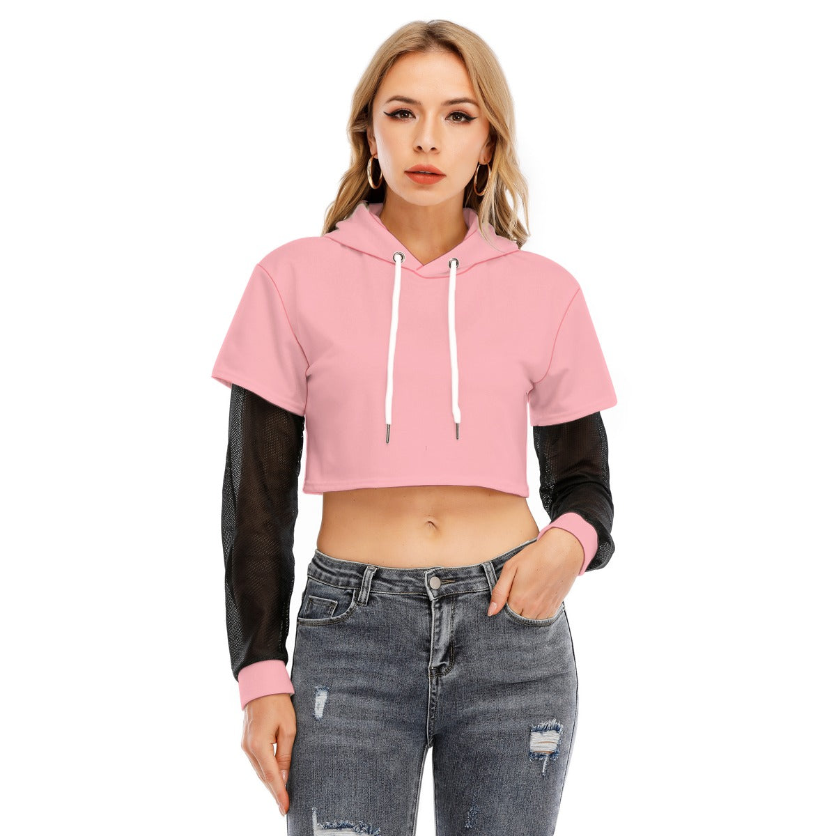 Womens Two-piece Mesh Sleeve Cropped Hoodie