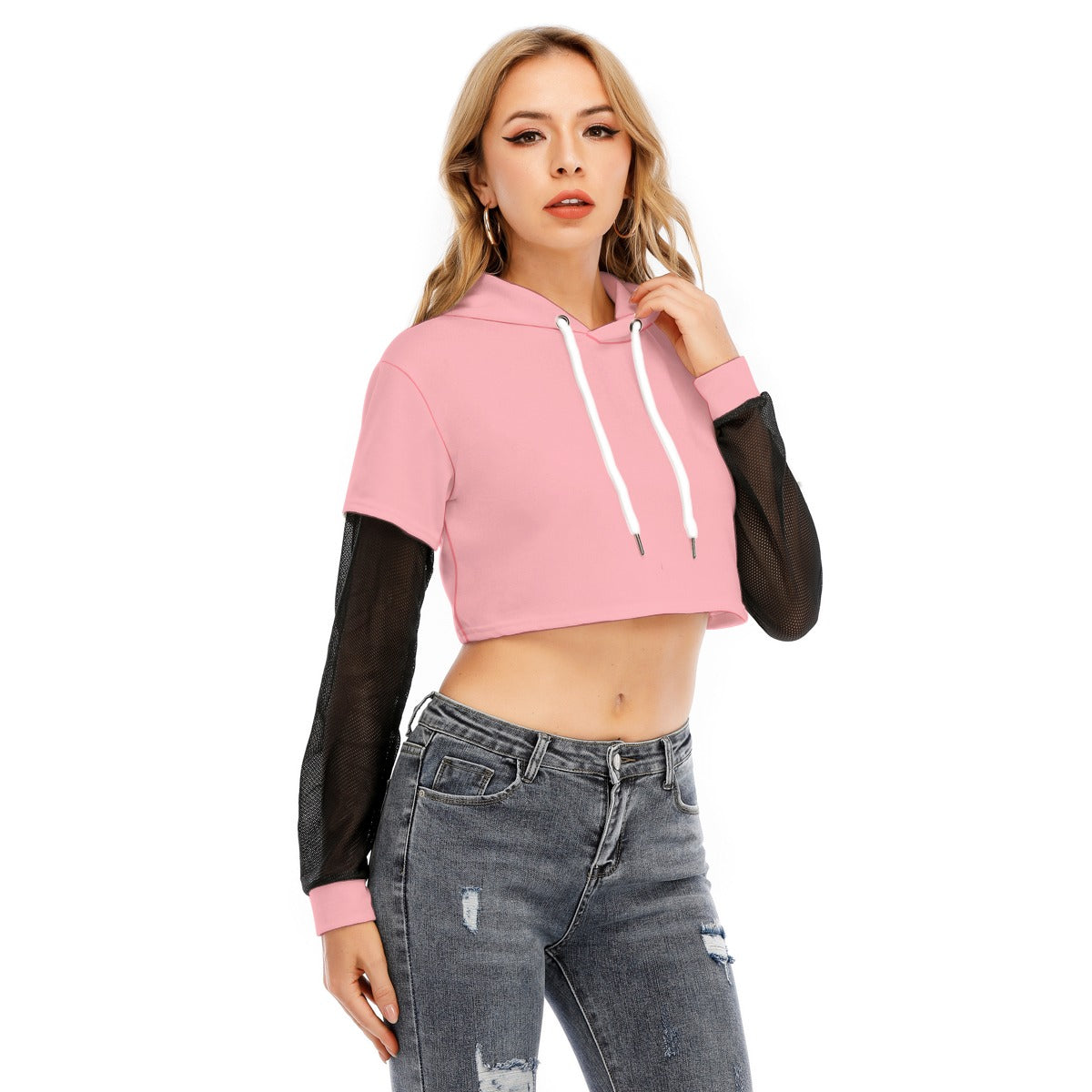 Womens Two-piece Mesh Sleeve Cropped Hoodie